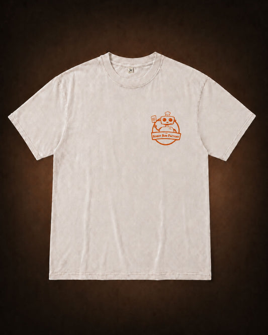 Ollie Tee marble champagne white cotton t-shirt with orange Robot Bun Factory front chest print