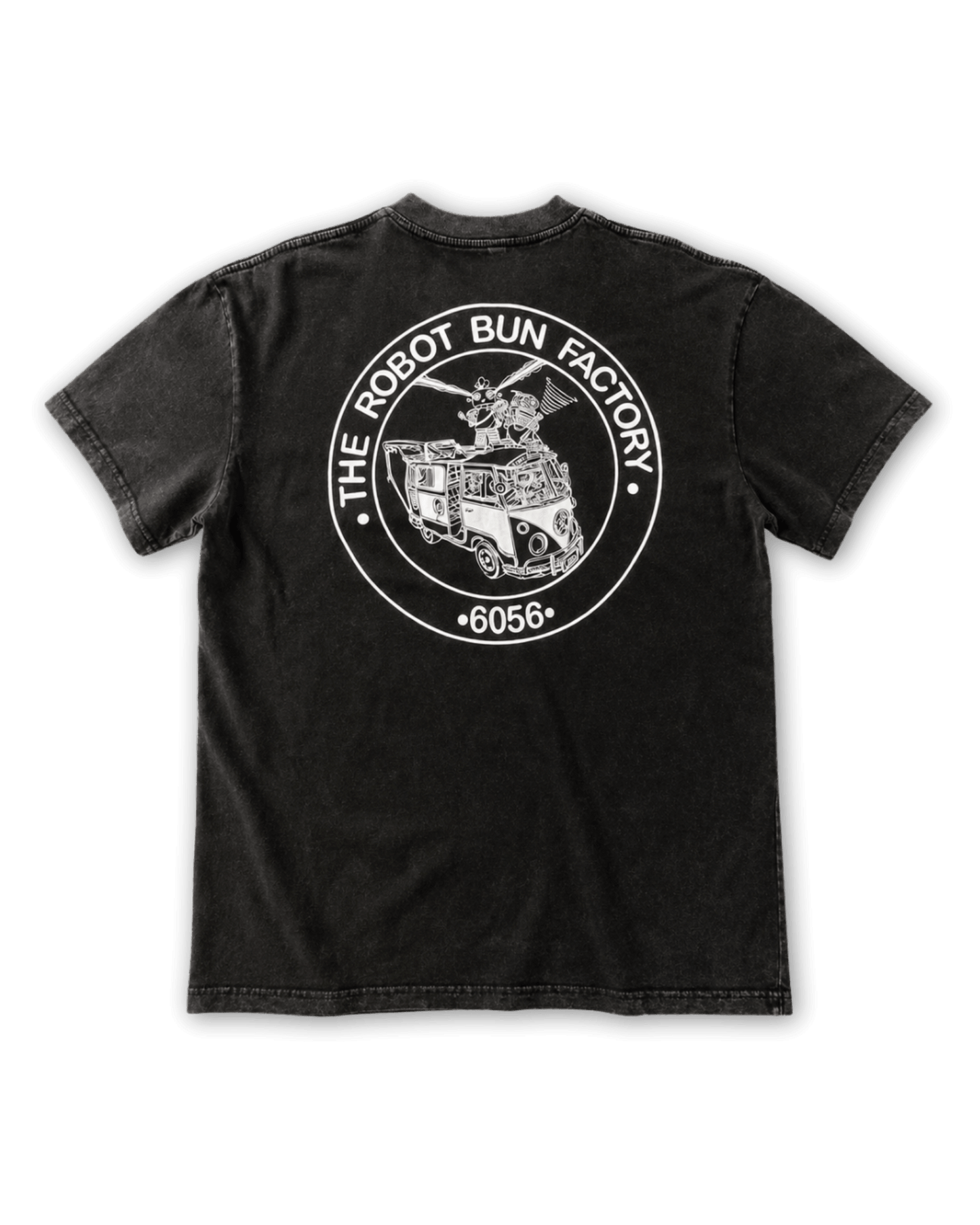 Kombi and Friends Tee acid-washed black cotton t-shirt with white Combi van back screen print artwork