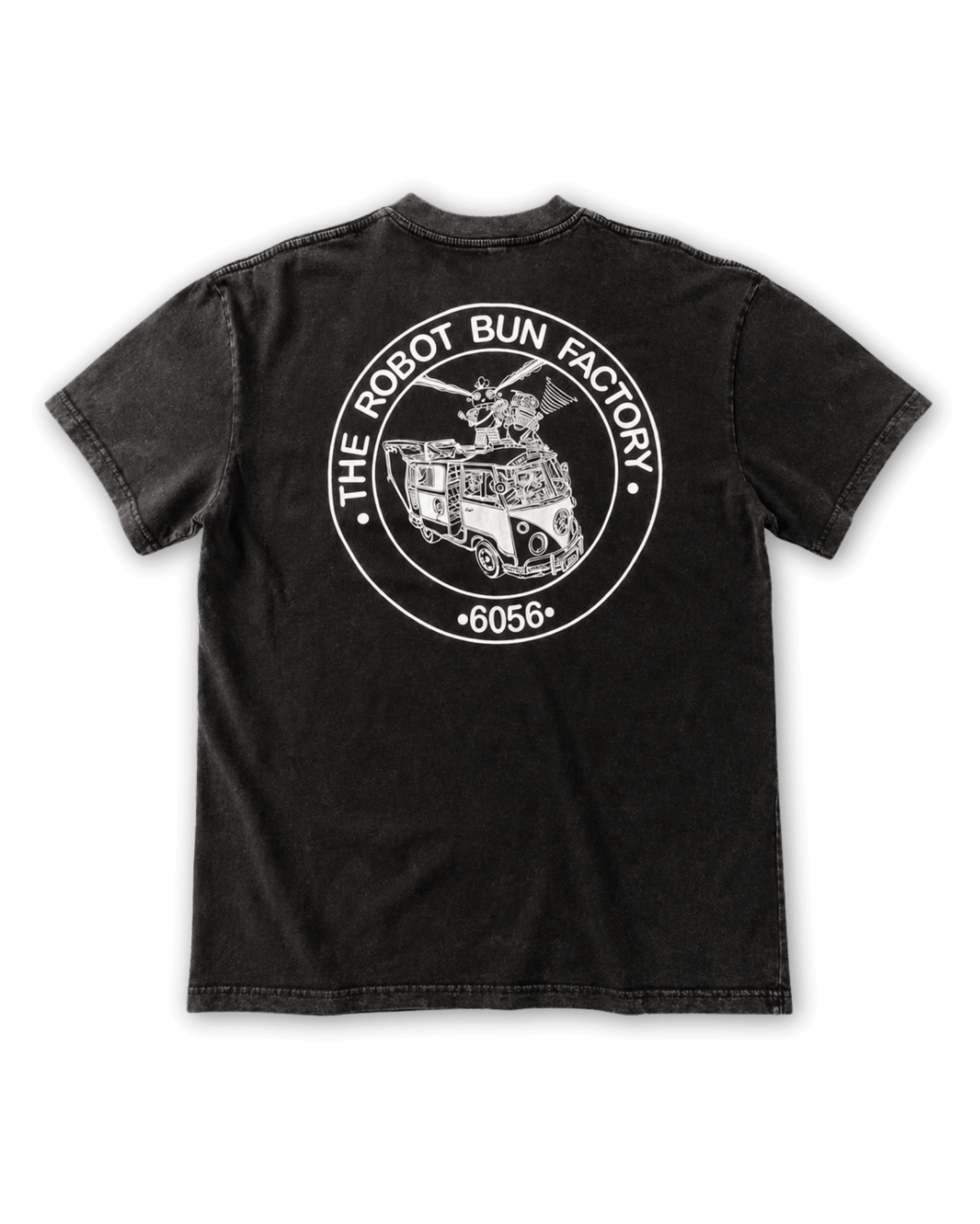 Kombi and Friends Tee acid-washed black cotton t-shirt with white Combi van back screen print artwork
