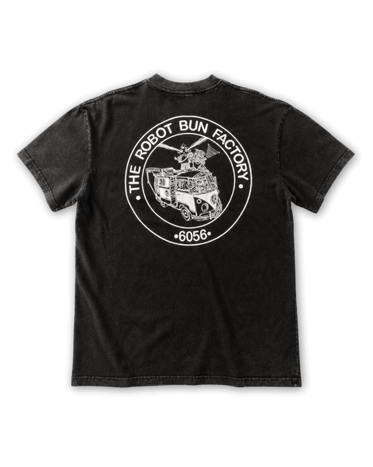 Kombi and Friends Tee acid-washed black cotton t-shirt with white Combi van back screen print artwork