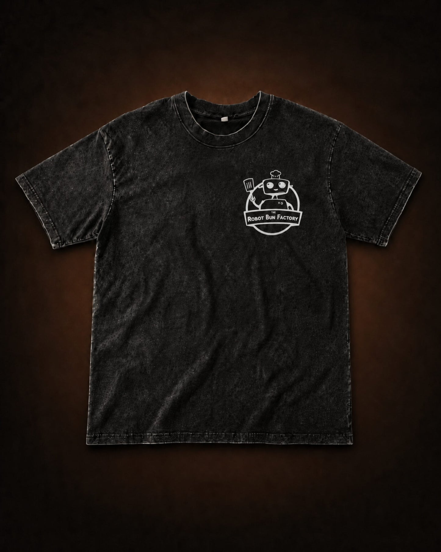 Kombi and Friends Tee acid-washed black cotton t-shirt with Robot Bun Factory front chest print