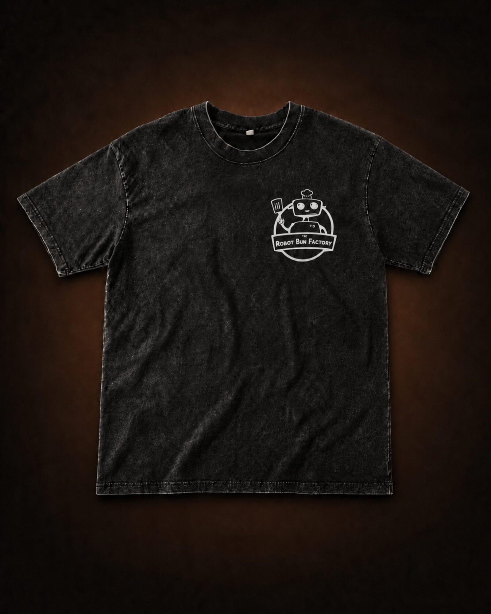 Kombi and Friends Tee acid-washed black cotton t-shirt with Robot Bun Factory front chest print