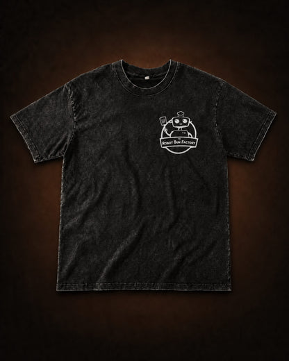Kombi and Friends Tee acid-washed black cotton t-shirt with Robot Bun Factory front chest print
