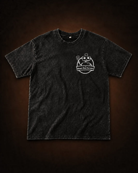 Kombi and Friends Tee acid-washed black cotton t-shirt with Robot Bun Factory front chest print