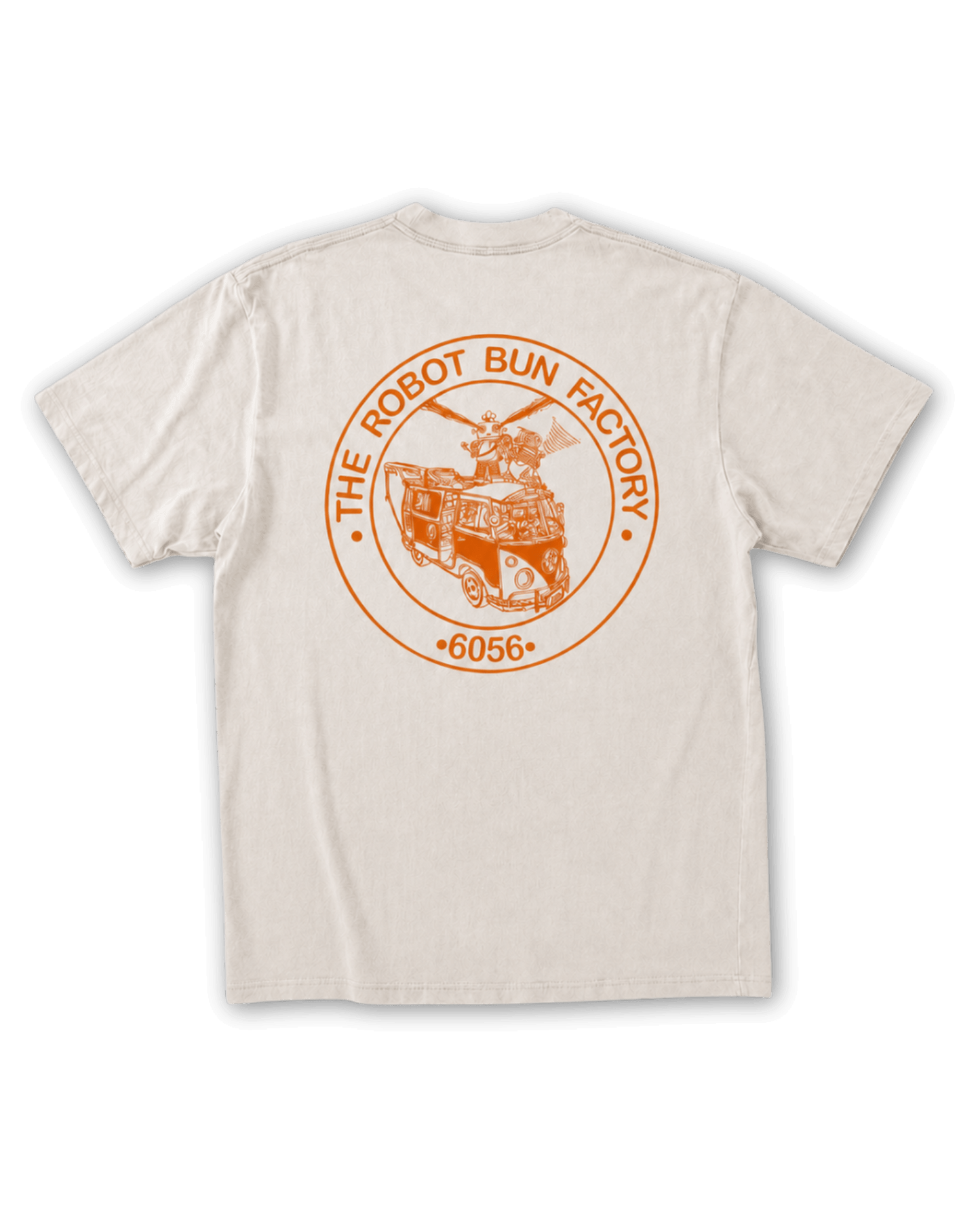 Kombi and Friends Tee marble champagne white cotton t-shirt with orange Combi van back screen print artwork