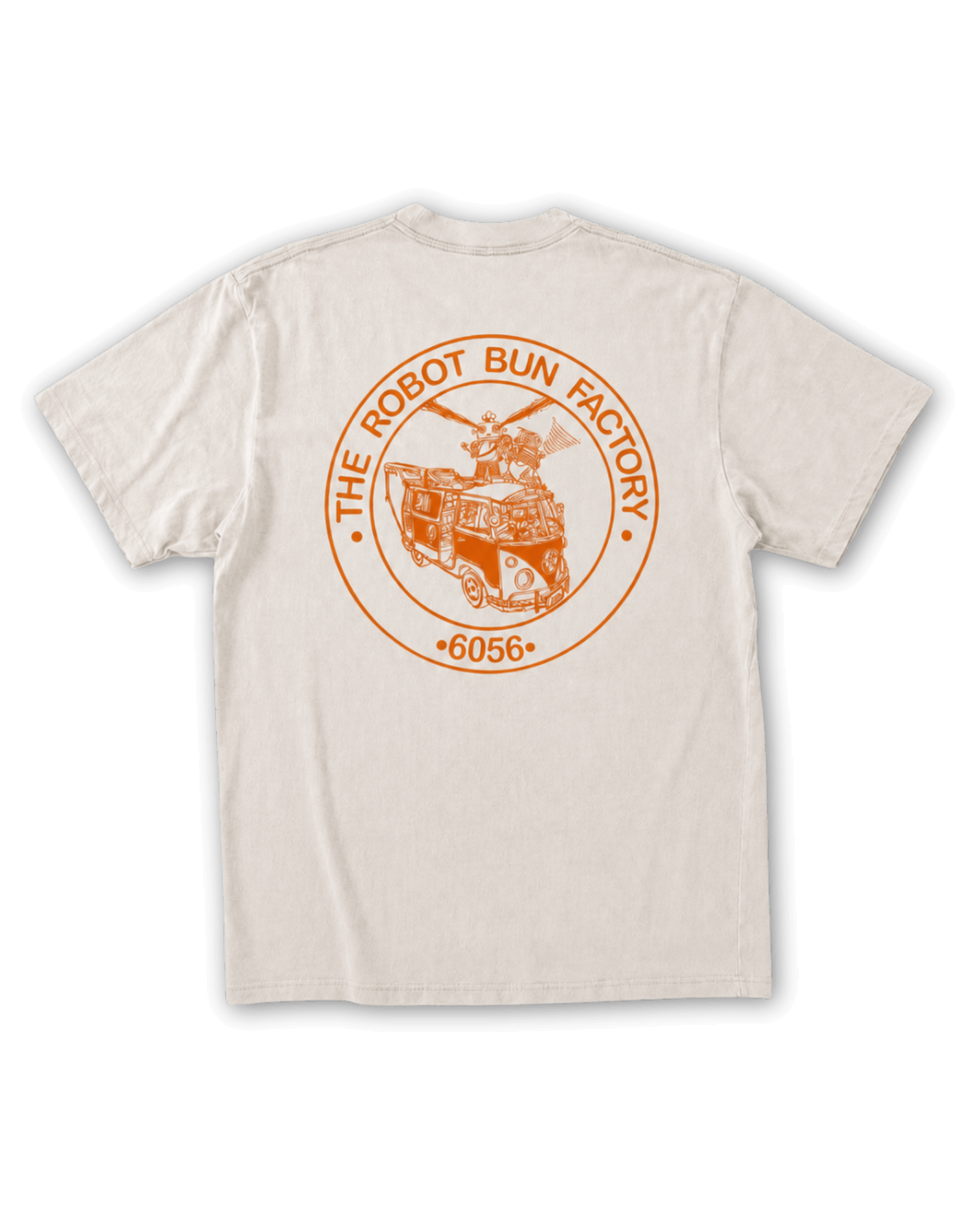 Kombi and Friends Tee marble champagne white cotton t-shirt with orange Combi van back screen print artwork