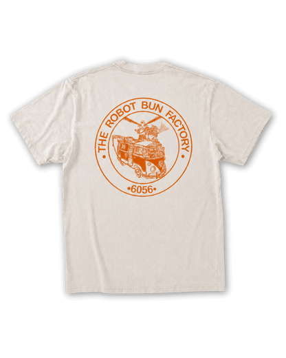 Kombi and Friends Tee marble champagne white cotton t-shirt with orange Combi van back screen print artwork