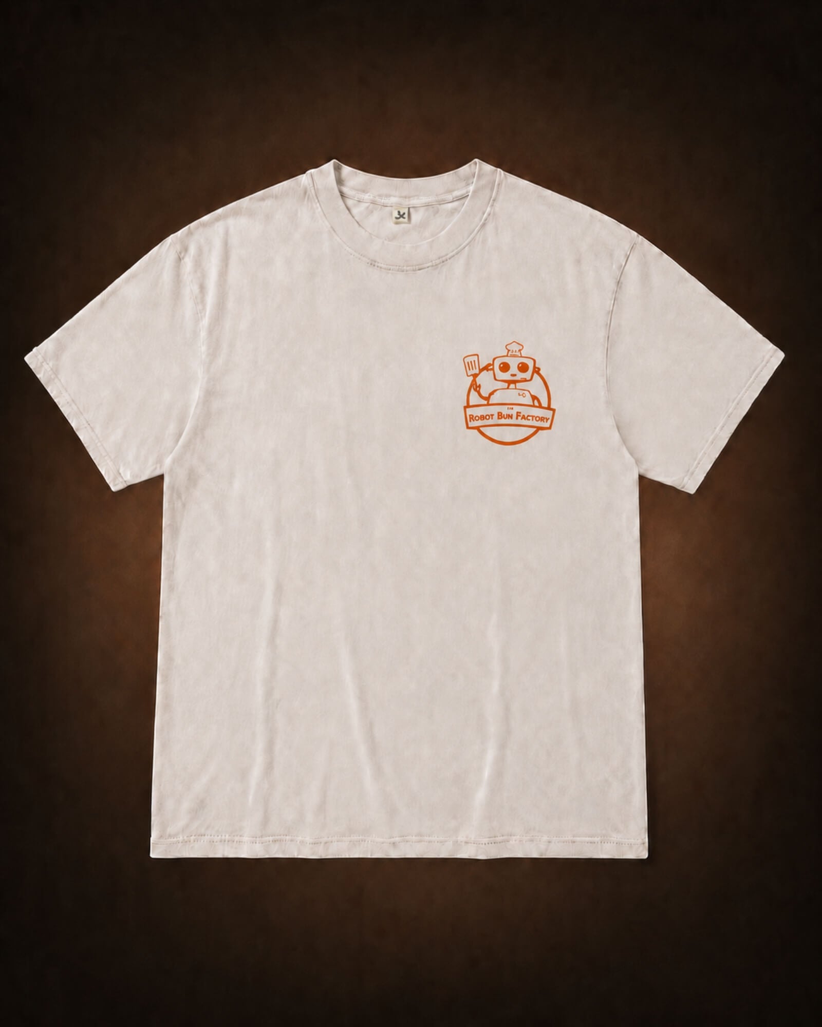 Kombi and Friends Tee marble champagne white cotton t-shirt with orange Robot Bun Factory front chest print