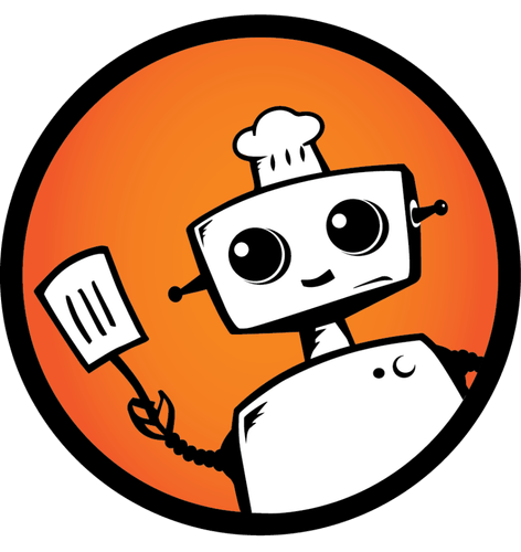 Ollie robot mascot logo for The Robot Bun Factory holding a spatula on an orange circle background