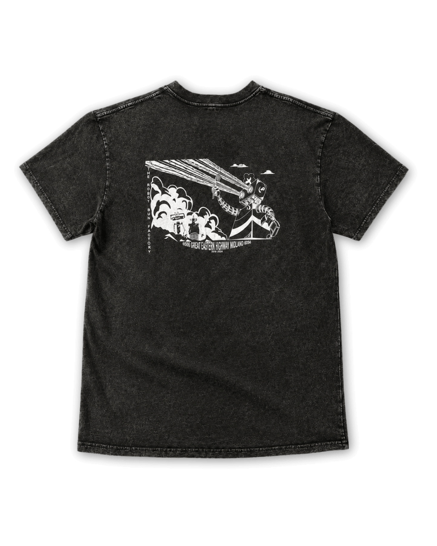 Ollie Tee acid washed black cotton t-shirt with Robot Bun Factory back screen print design