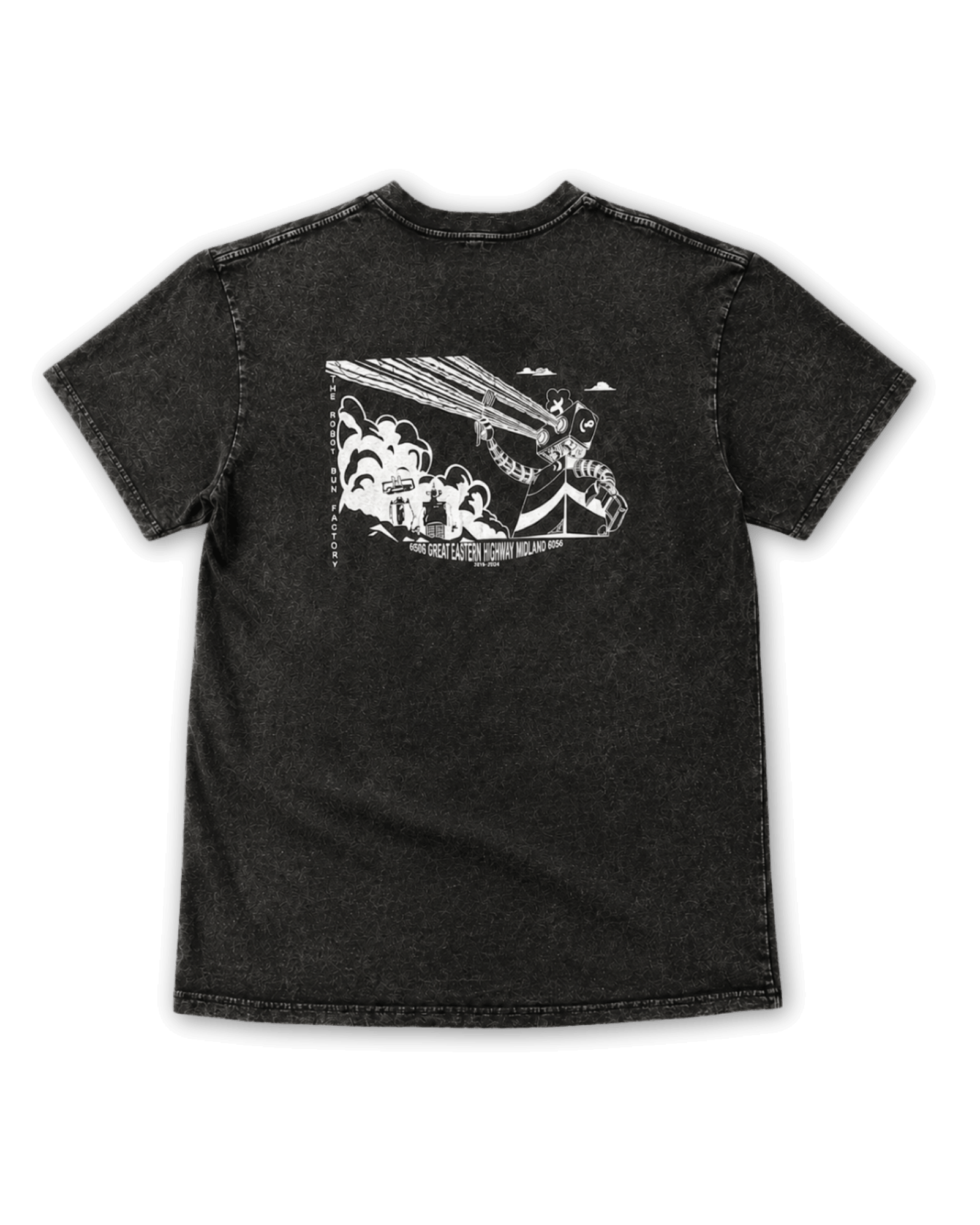 Ollie Tee acid washed black cotton t-shirt with Robot Bun Factory back screen print design