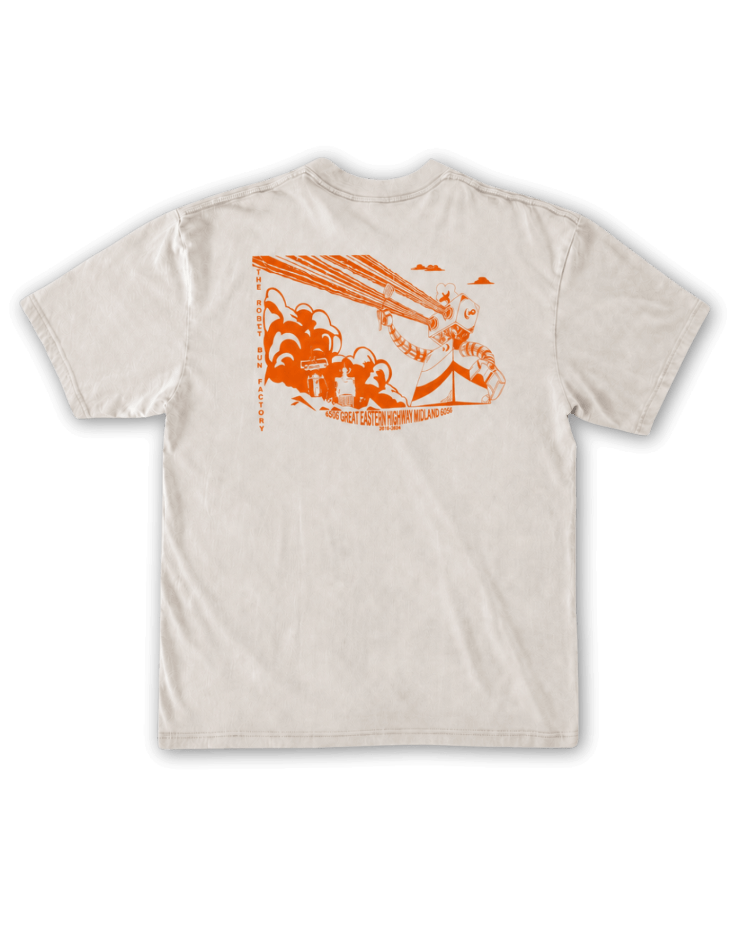 Ollie Tee marble champagne white cotton t-shirt with orange Robot Bun Factory back screen print design