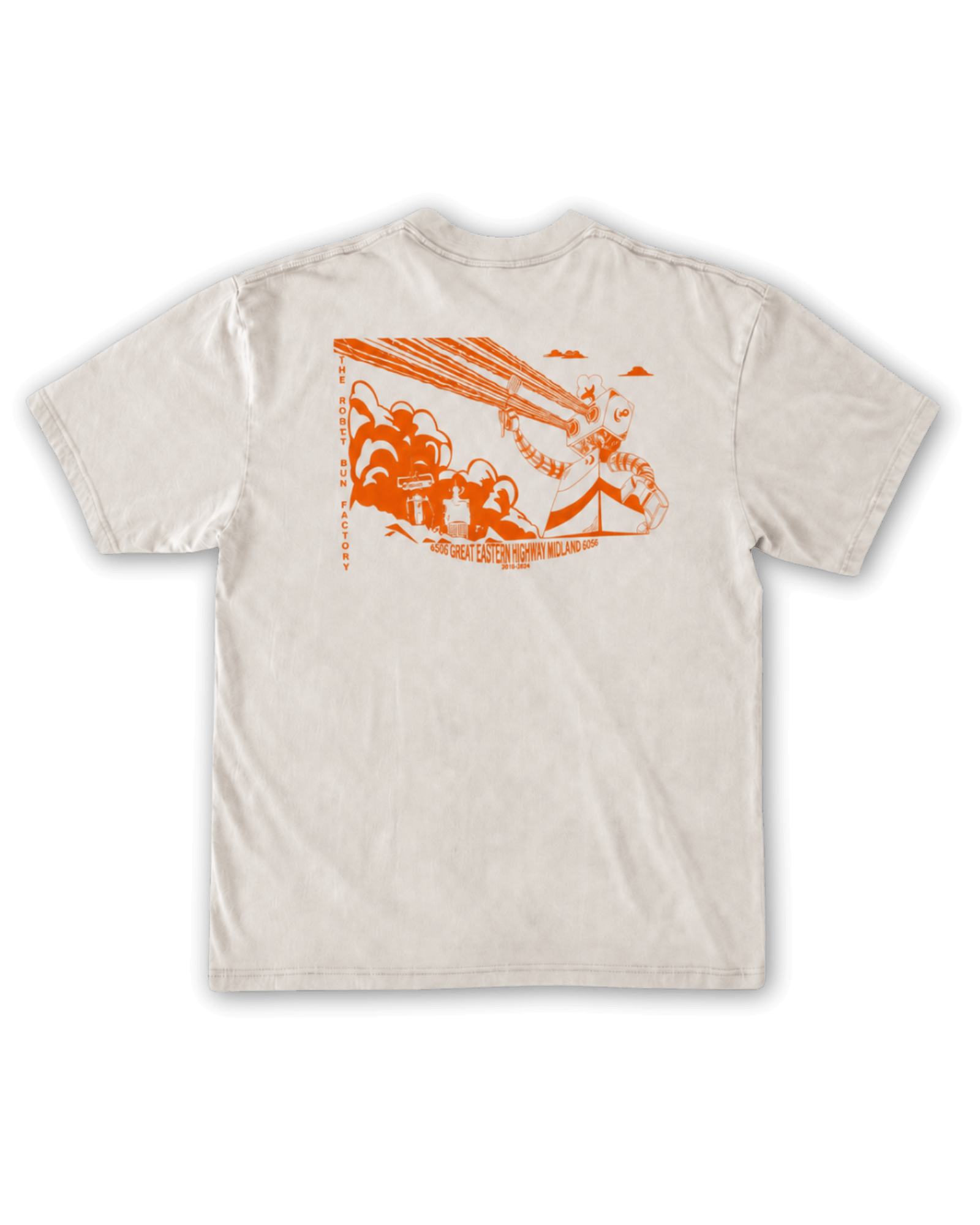 Ollie Tee marble champagne white cotton t-shirt with orange Robot Bun Factory back screen print design