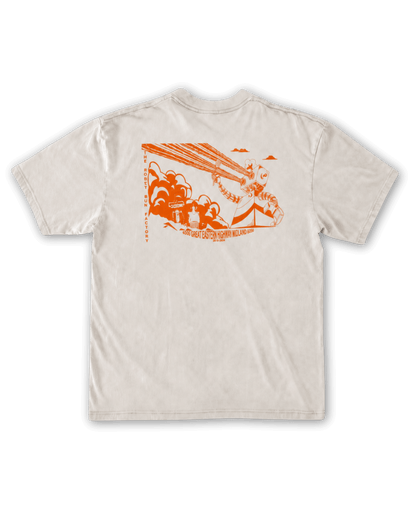 Ollie Tee marble champagne white cotton t-shirt with orange Robot Bun Factory back screen print design