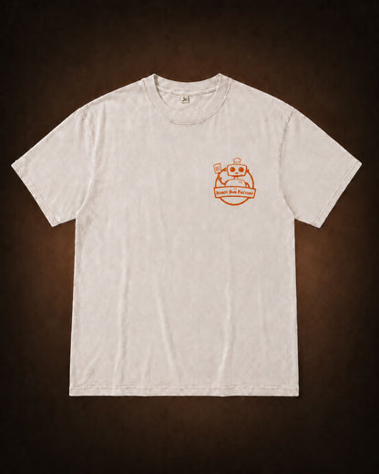 Ollie Tee marble champagne white cotton t-shirt with orange Robot Bun Factory front chest print