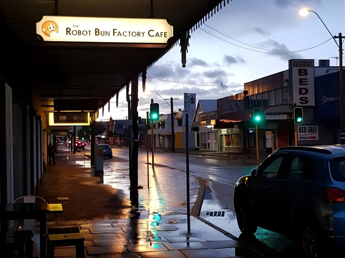 The Robot Bun Factory Cafe street front with illuminated sign at dusk