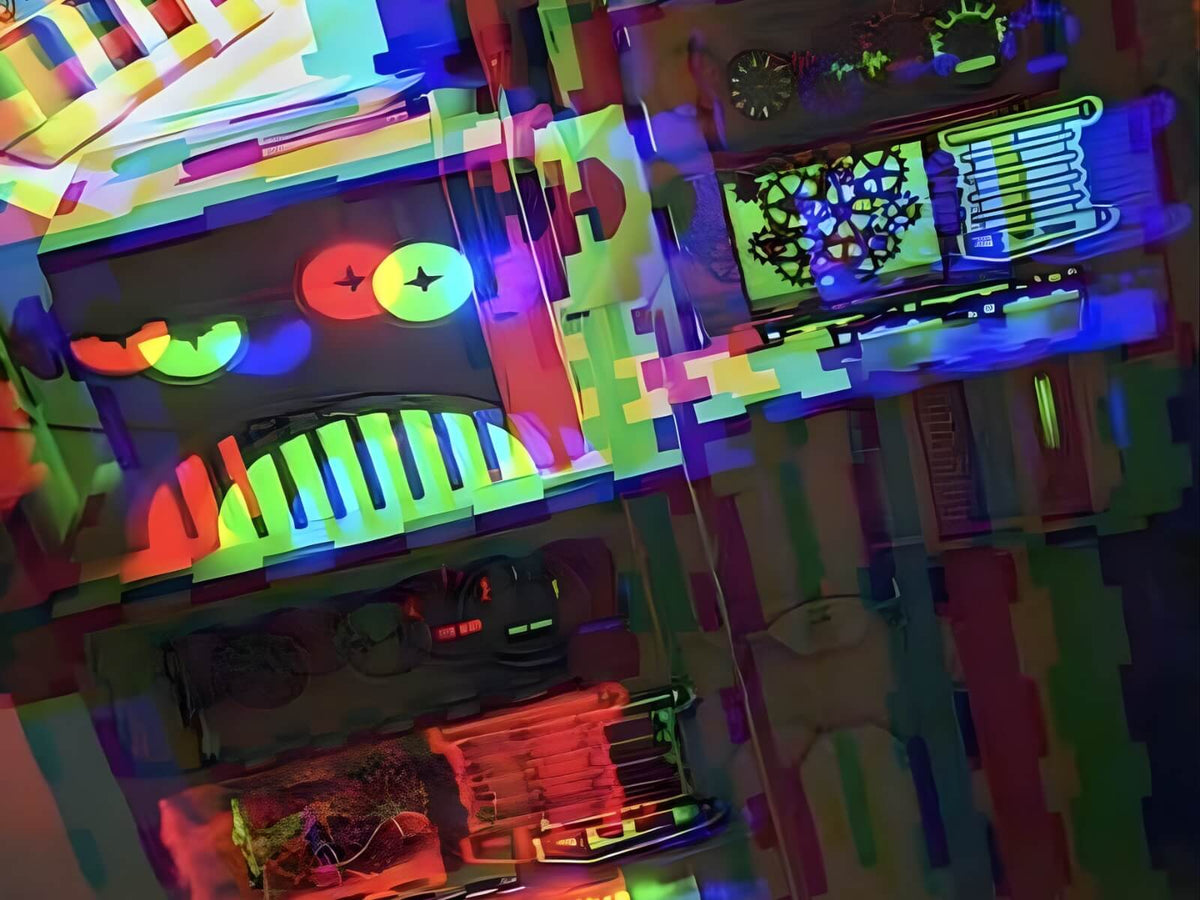 Bright colourful robot artwork and neon-style wall details inside The Robot Bun Factory Cafe