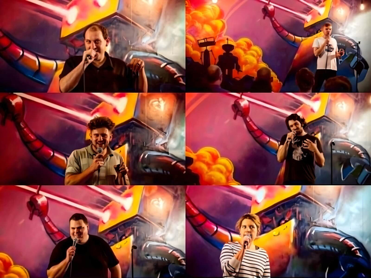 Comedy night photo collage with performers inside The Robot Bun Factory Cafe