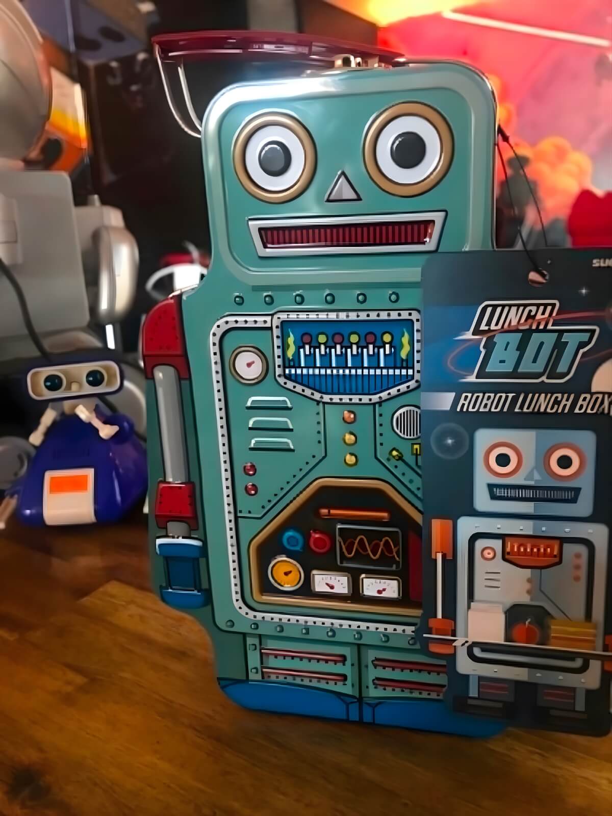 Colourful Lunch Bot robot toy display inside The Robot Bun Factory Cafe