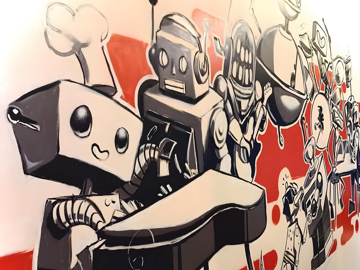 Robot Bun Factory wall mural featuring hand-painted robot characters in black, white and red