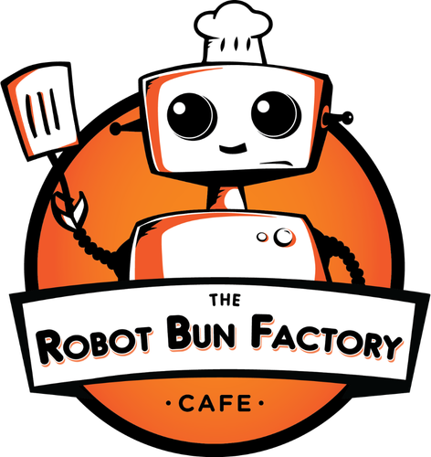 The Robot Bun Factory Cafe logo with a cute orange and white robot character