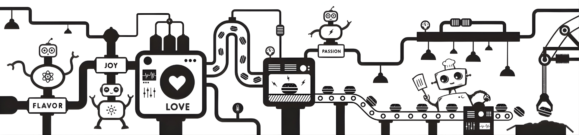 Illustrated Robot Bun Factory banner with robots, production line, and playful café-themed graphics